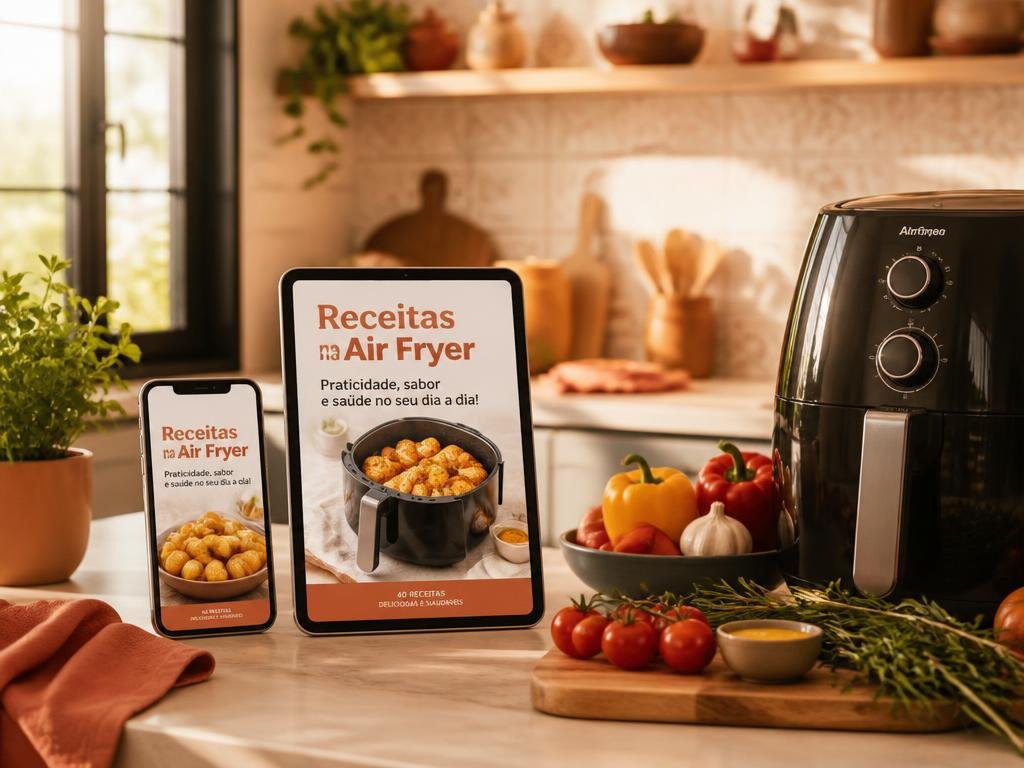 Mockup do e-book de receitas para airfryer em tablet e smartphone